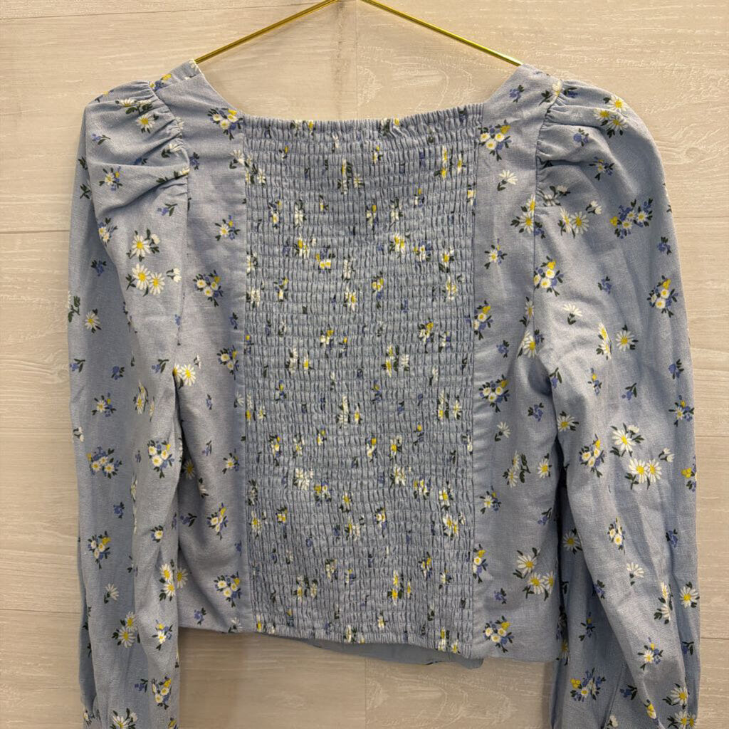 Rachel Zoe Blue/ Multi Floral Print Cropped Long Sleeve Top Medium