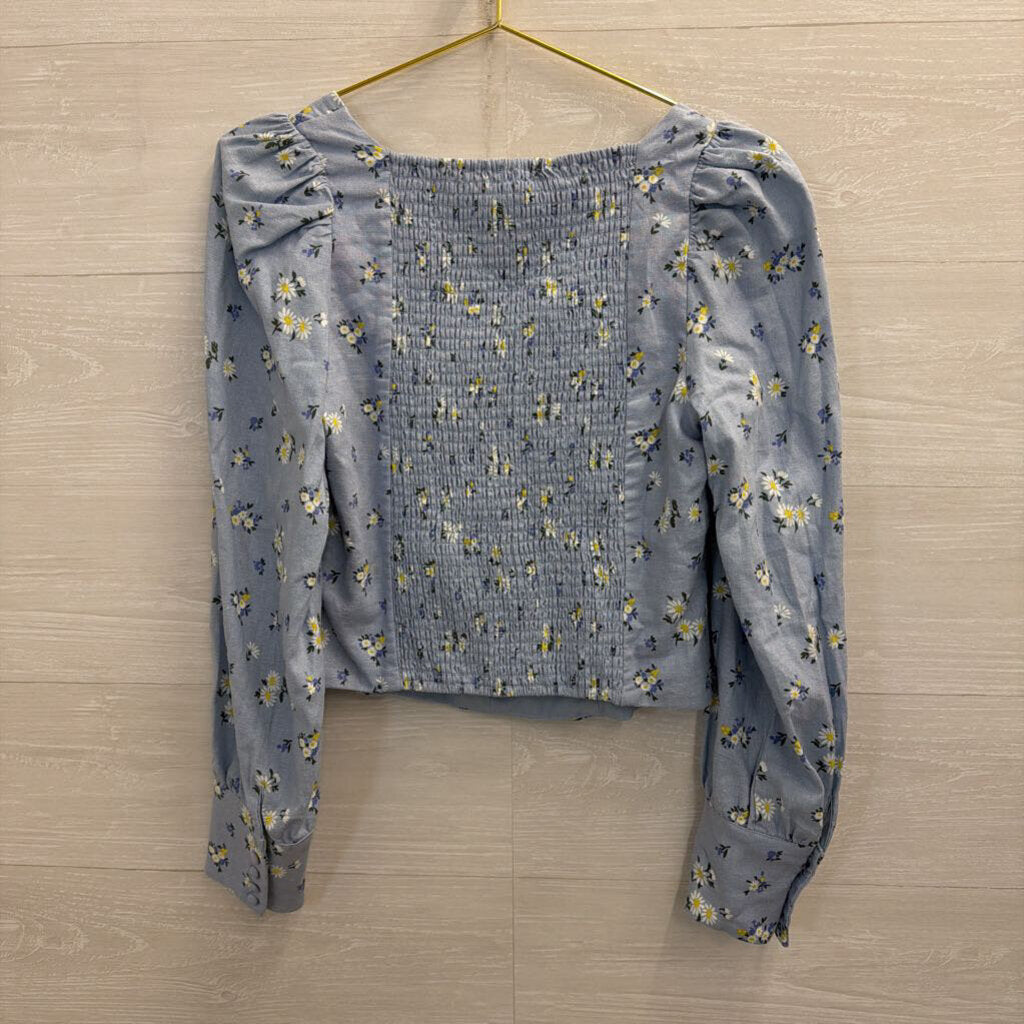 Rachel Zoe Blue/ Multi Floral Print Cropped Long Sleeve Top Medium