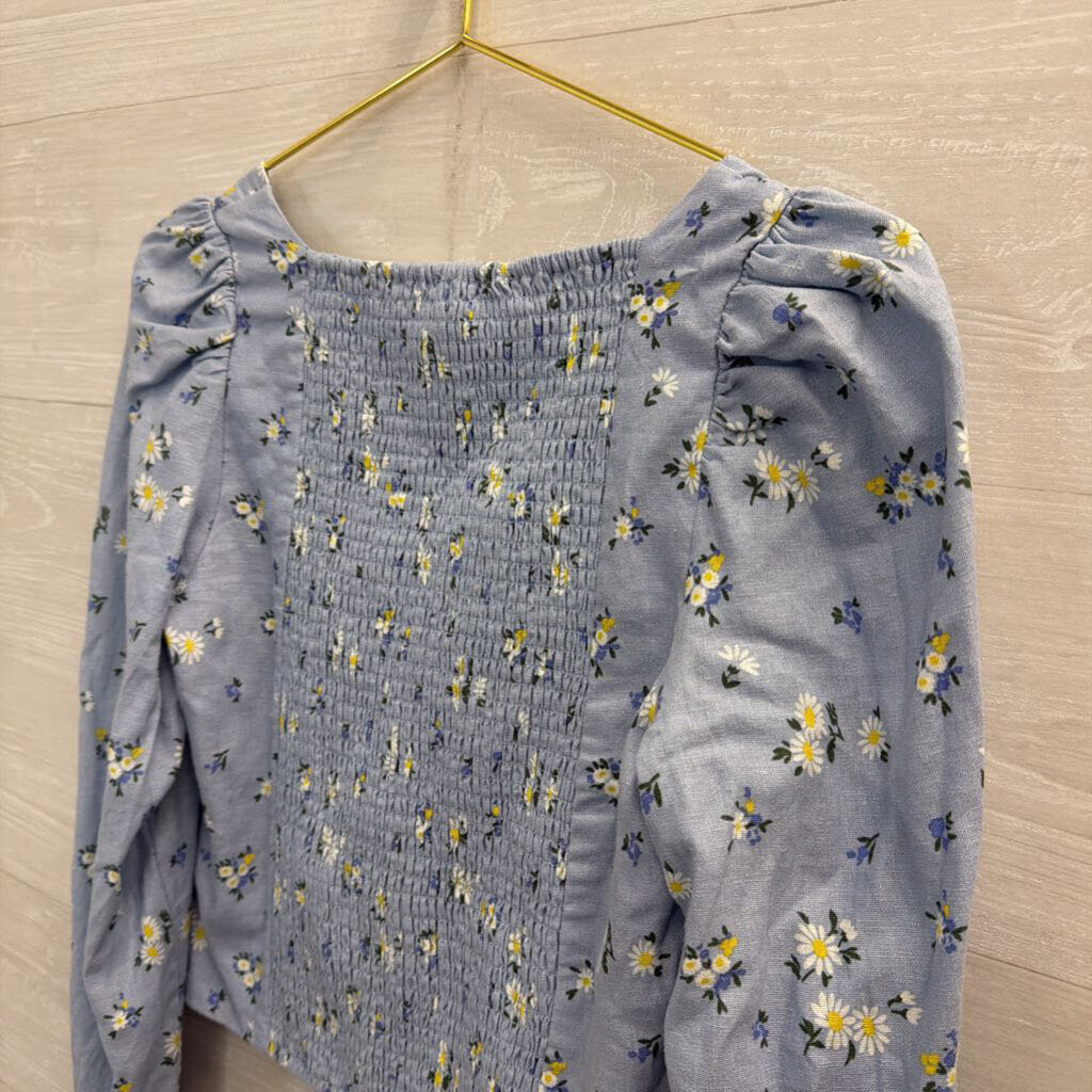 Rachel Zoe Blue/ Multi Floral Print Cropped Long Sleeve Top Medium