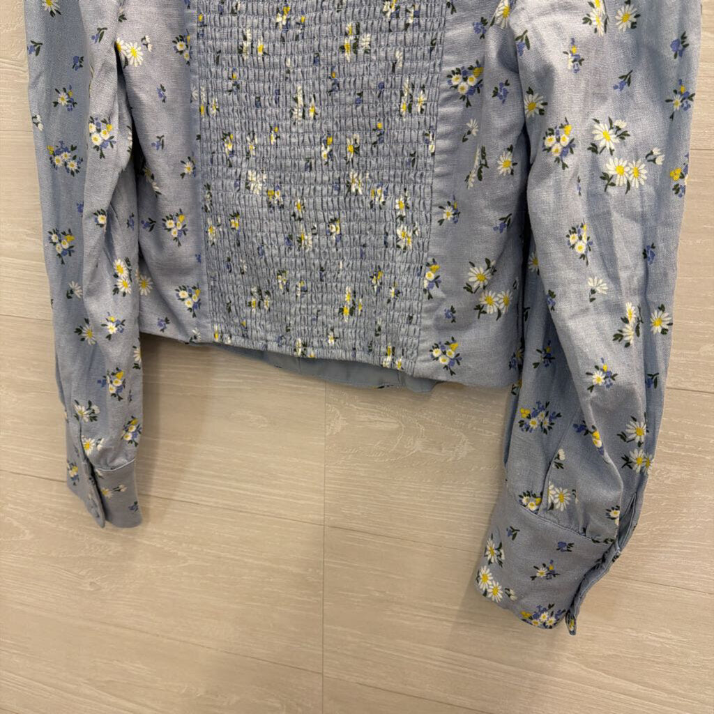 Rachel Zoe Blue/ Multi Floral Print Cropped Long Sleeve Top Medium