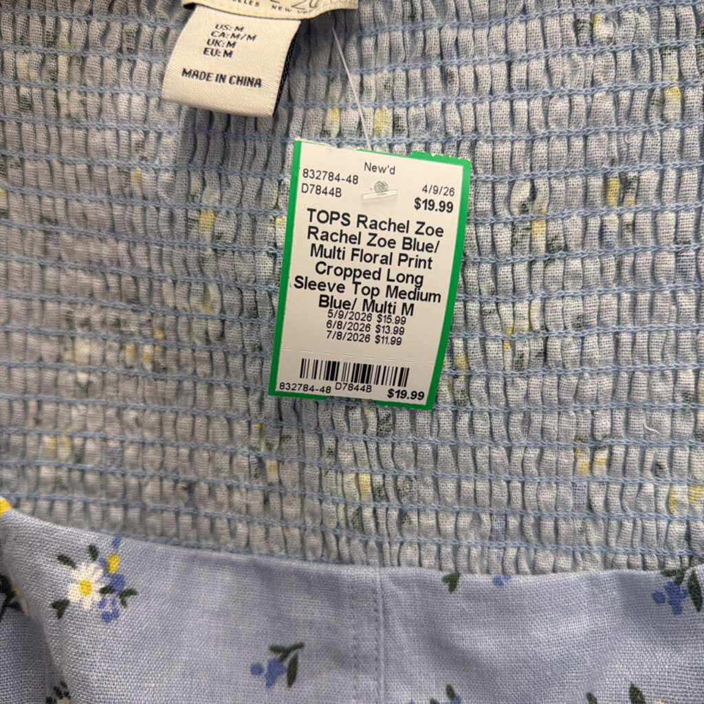 Rachel Zoe Blue/ Multi Floral Print Cropped Long Sleeve Top Medium