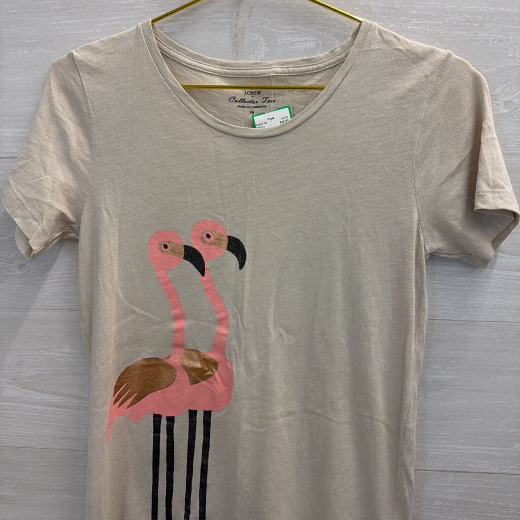 J Crew Beige/ Pink Flamingo Print Short Sleeve Top Extra Small