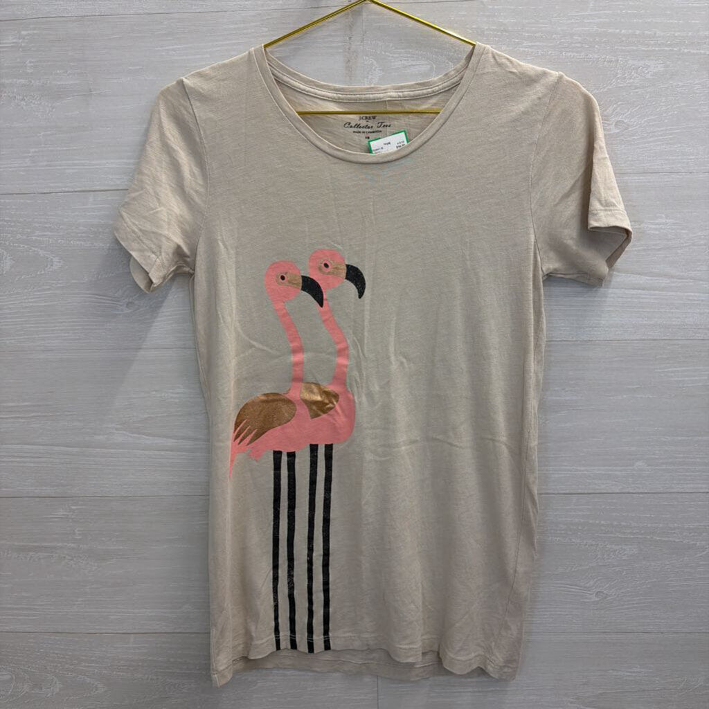 J Crew Beige/ Pink Flamingo Print Short Sleeve Top Extra Small