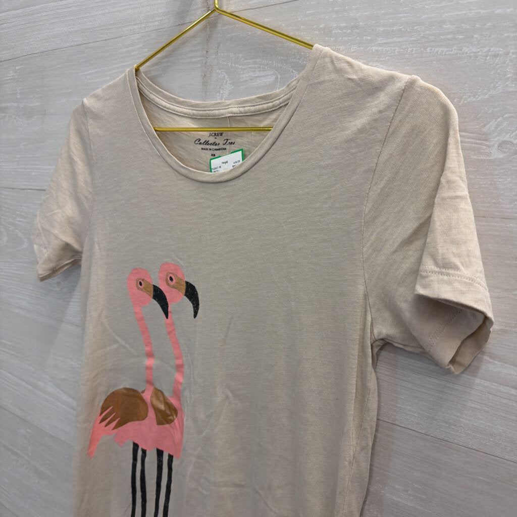 J Crew Beige/ Pink Flamingo Print Short Sleeve Top Extra Small