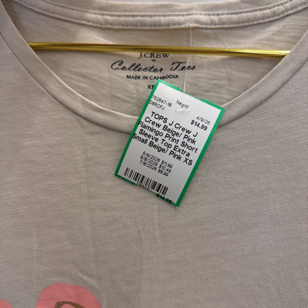 J Crew Beige/ Pink Flamingo Print Short Sleeve Top Extra Small