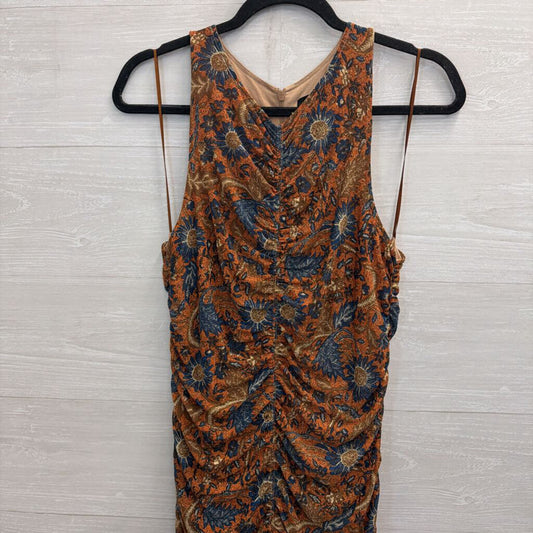 House of Harlow Orange/ Blue Floral Print Ruched Sleeveless Midi Dress Medium