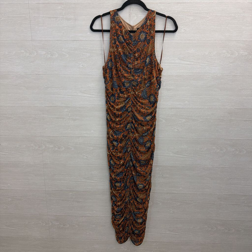 House of Harlow Orange/ Blue Floral Print Ruched Sleeveless Midi Dress Medium