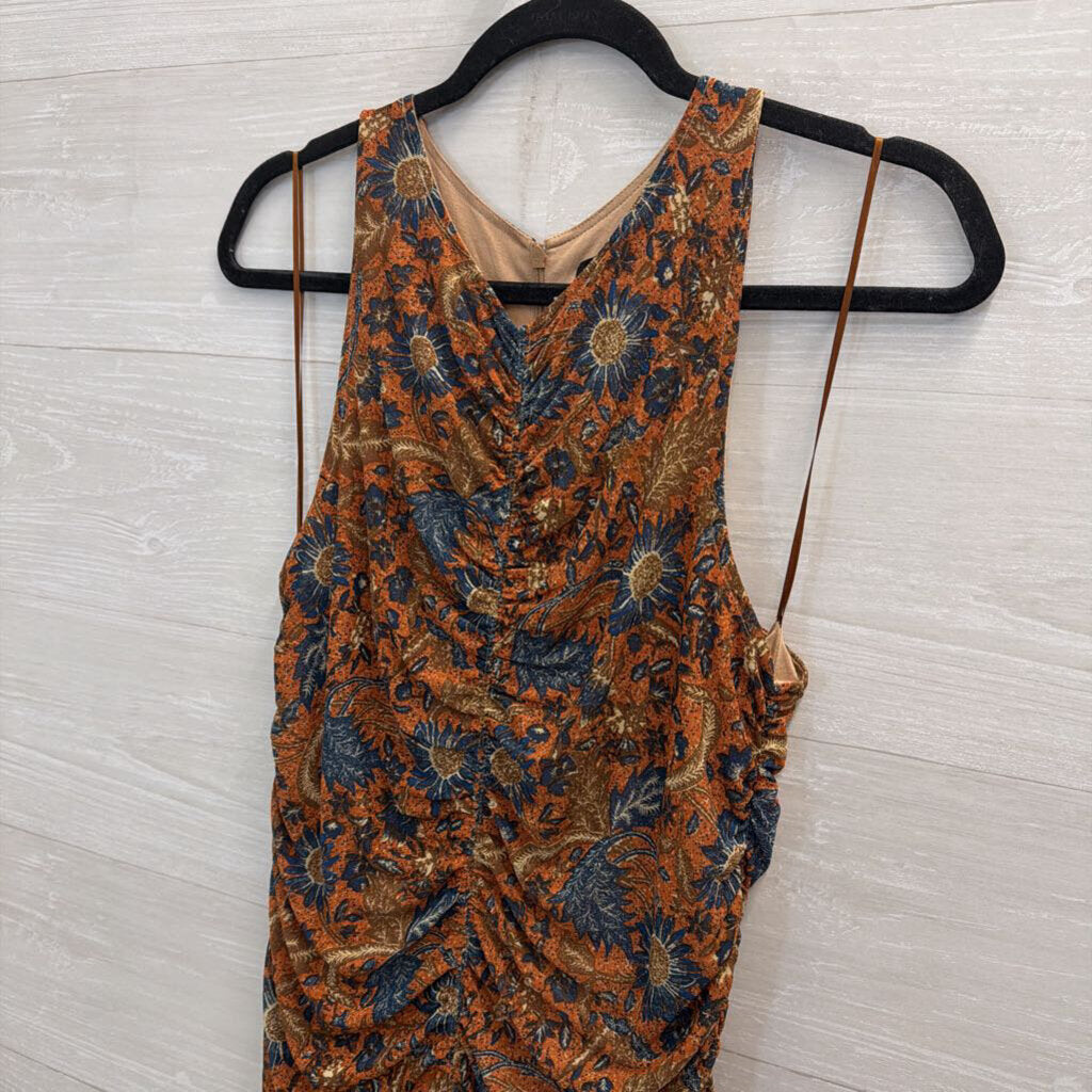 House of Harlow Orange/ Blue Floral Print Ruched Sleeveless Midi Dress Medium