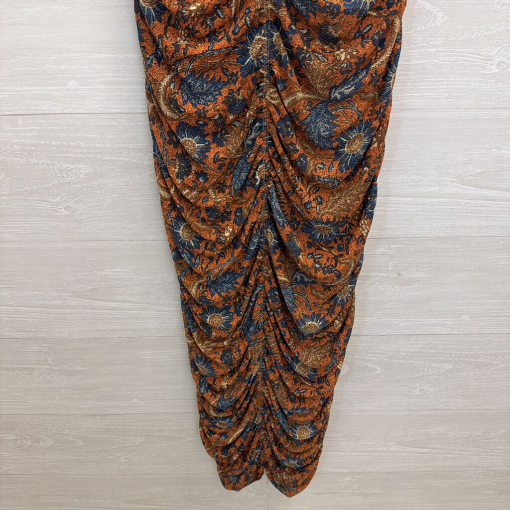 House of Harlow Orange/ Blue Floral Print Ruched Sleeveless Midi Dress Medium