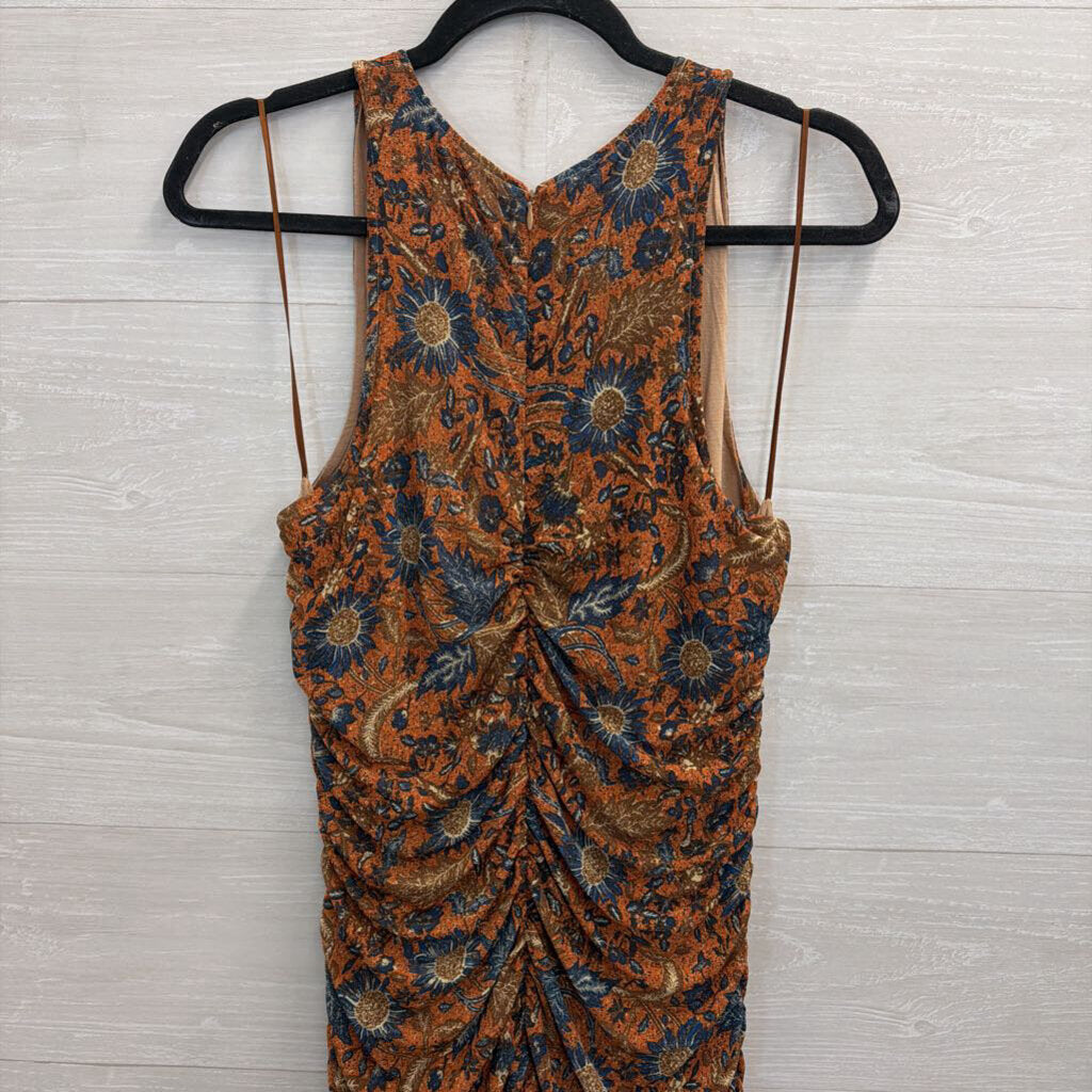 House of Harlow Orange/ Blue Floral Print Ruched Sleeveless Midi Dress Medium
