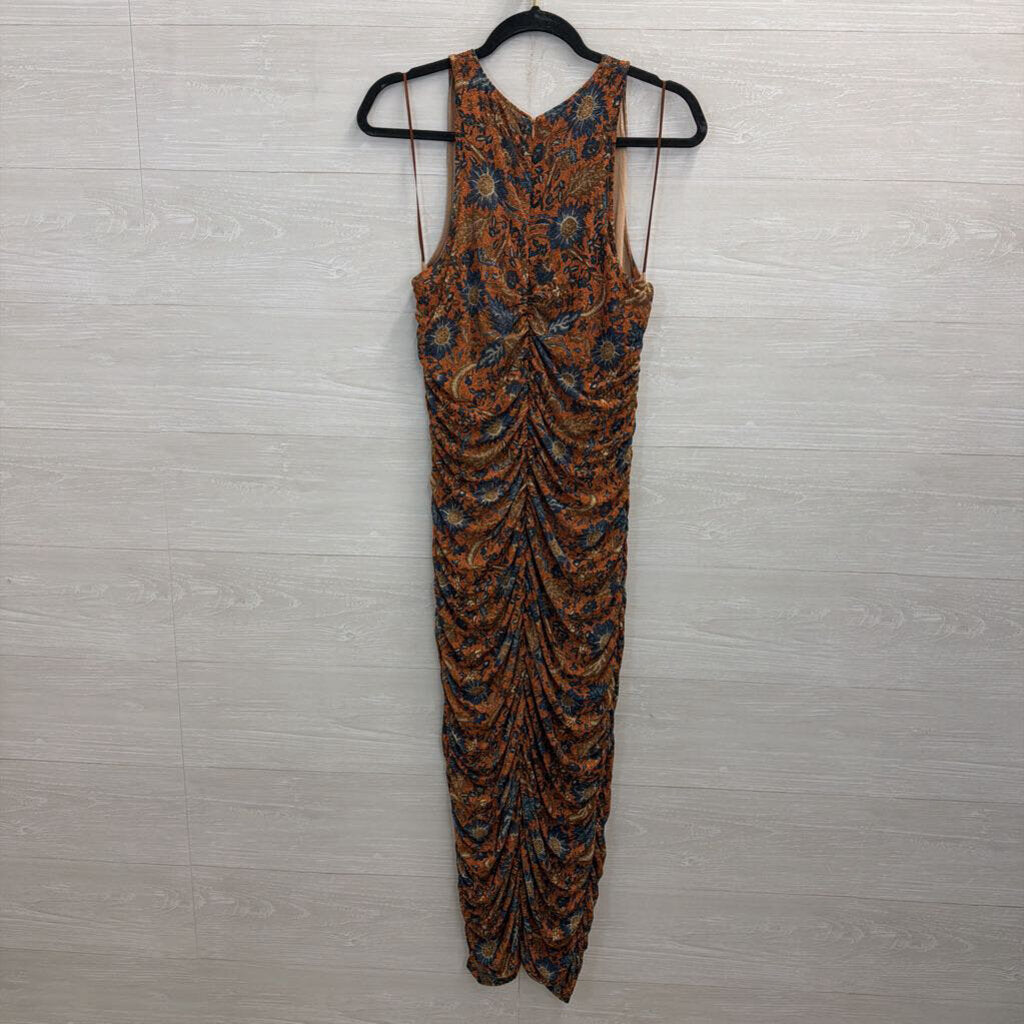 House of Harlow Orange/ Blue Floral Print Ruched Sleeveless Midi Dress Medium