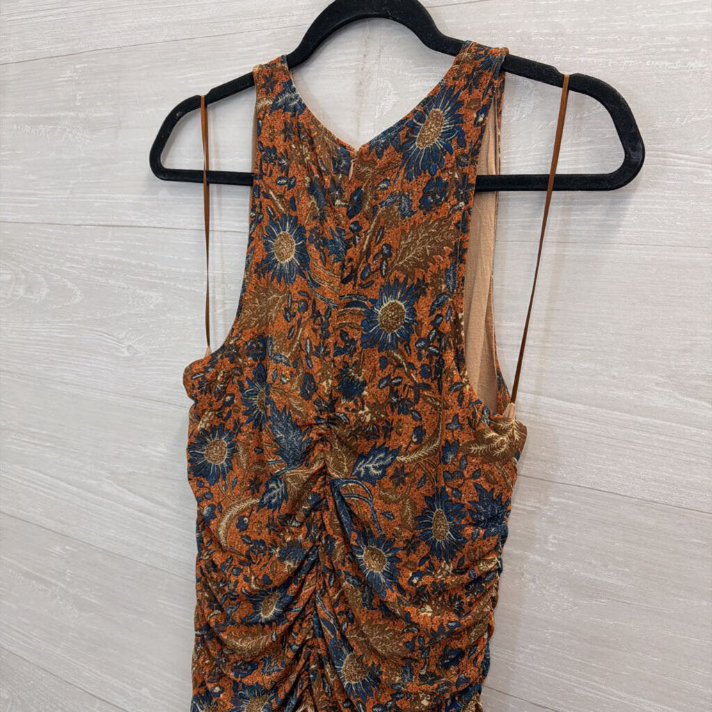 House of Harlow Orange/ Blue Floral Print Ruched Sleeveless Midi Dress Medium