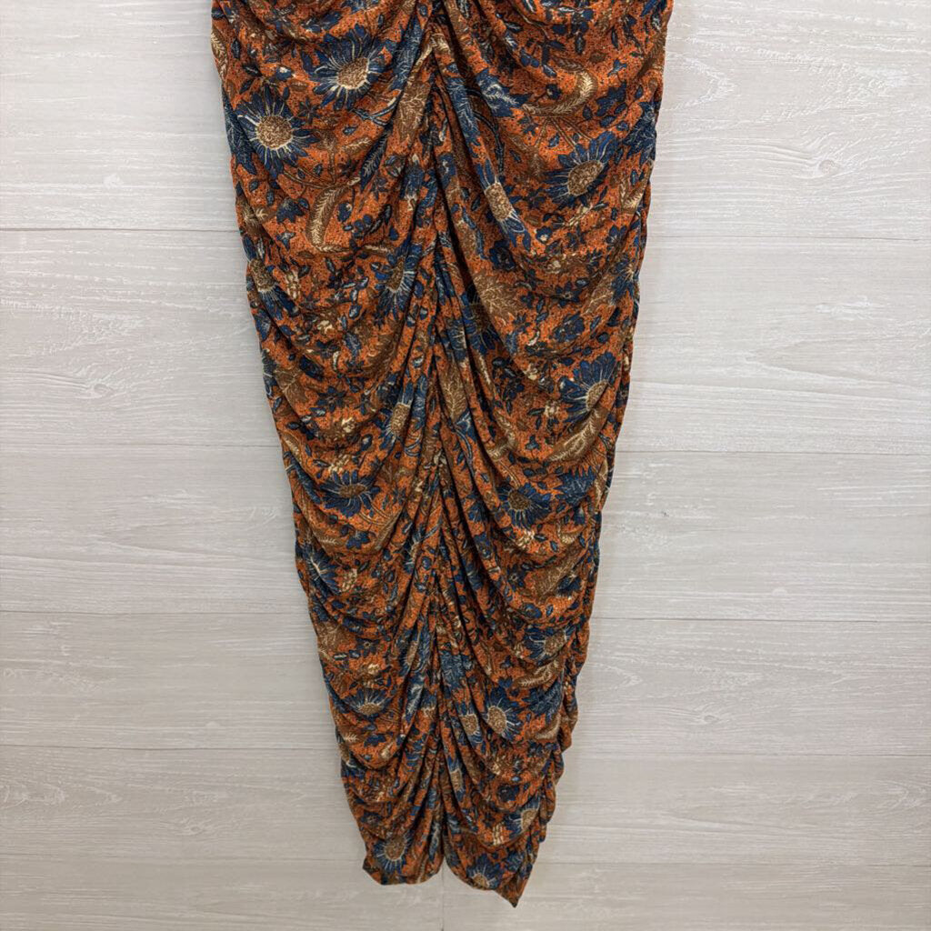 House of Harlow Orange/ Blue Floral Print Ruched Sleeveless Midi Dress Medium