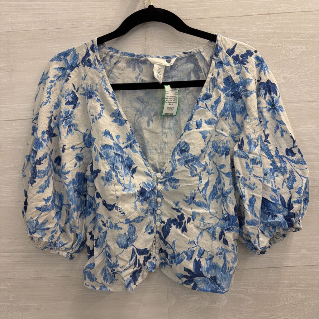 White/ Blue Print Cropped Short Puff Sleeve Top Medium