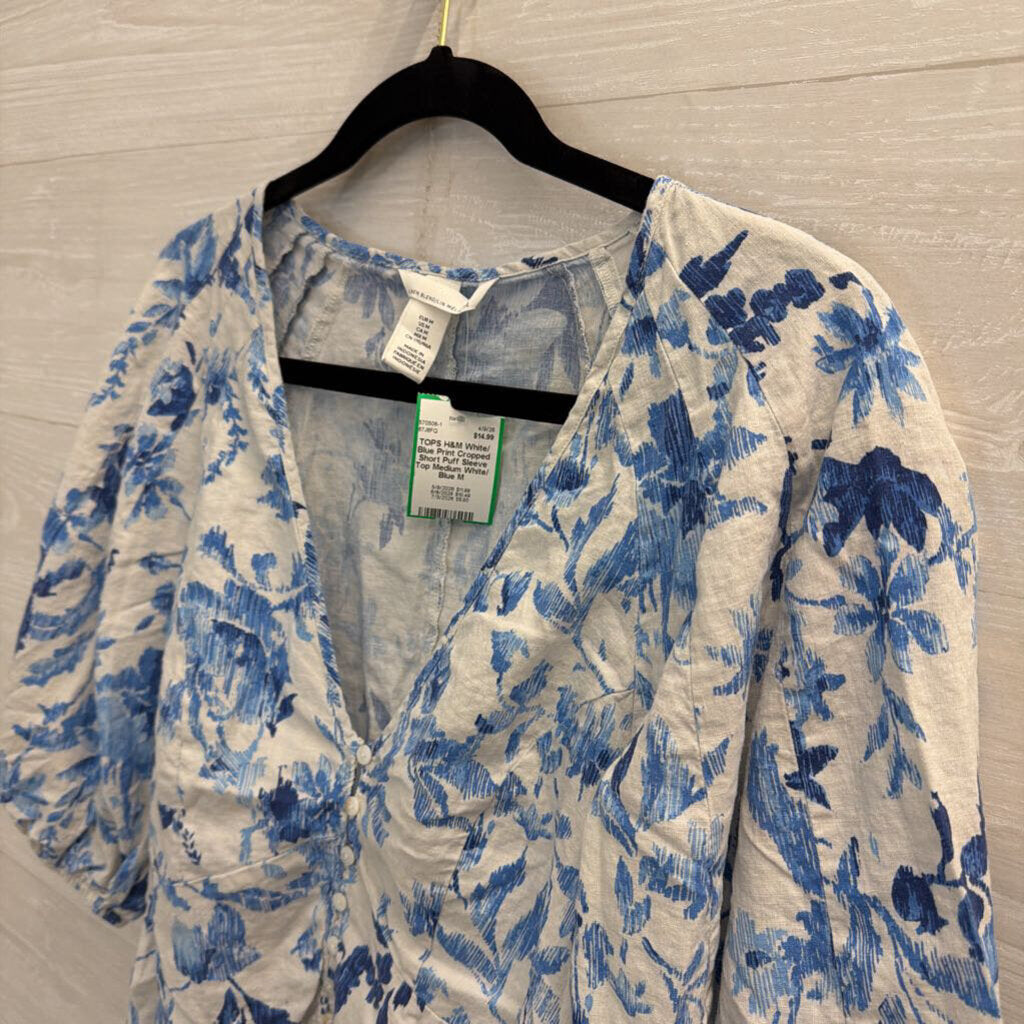 White/ Blue Print Cropped Short Puff Sleeve Top Medium