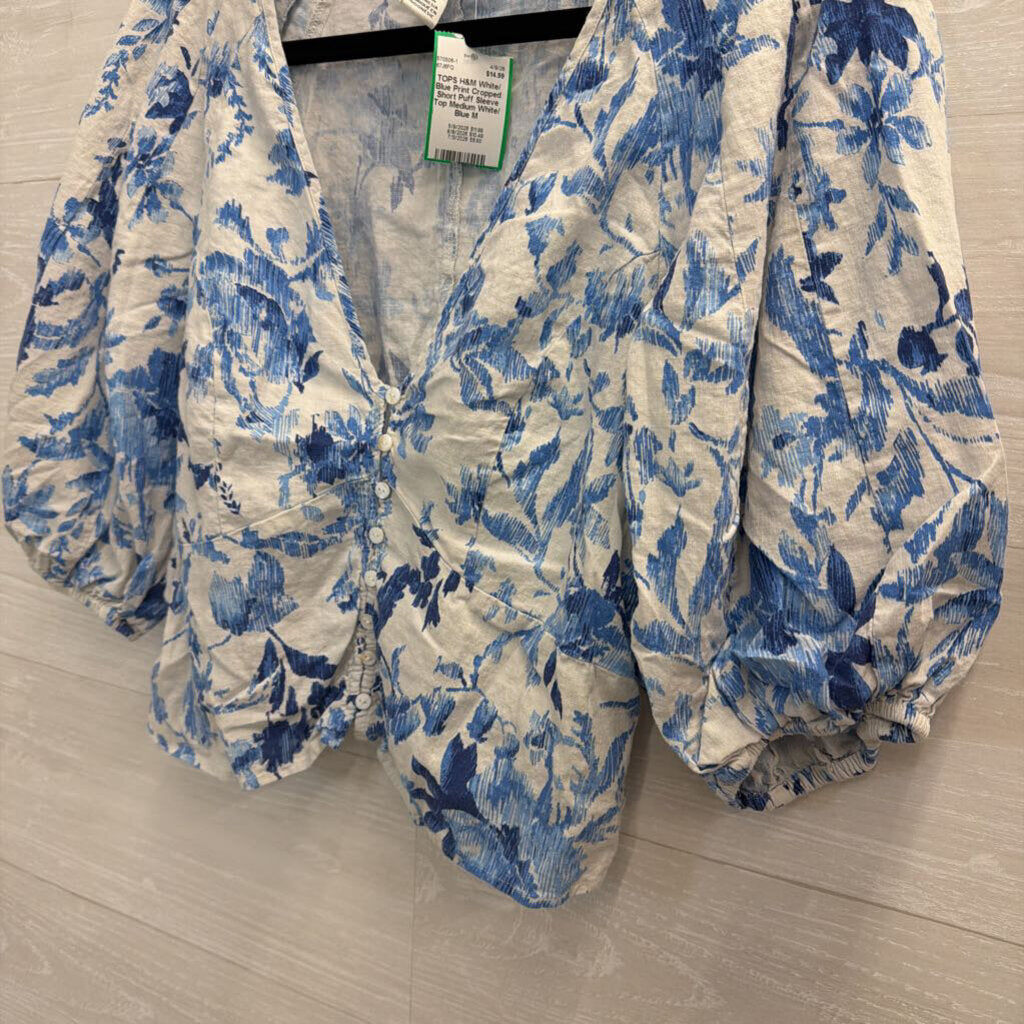 White/ Blue Print Cropped Short Puff Sleeve Top Medium