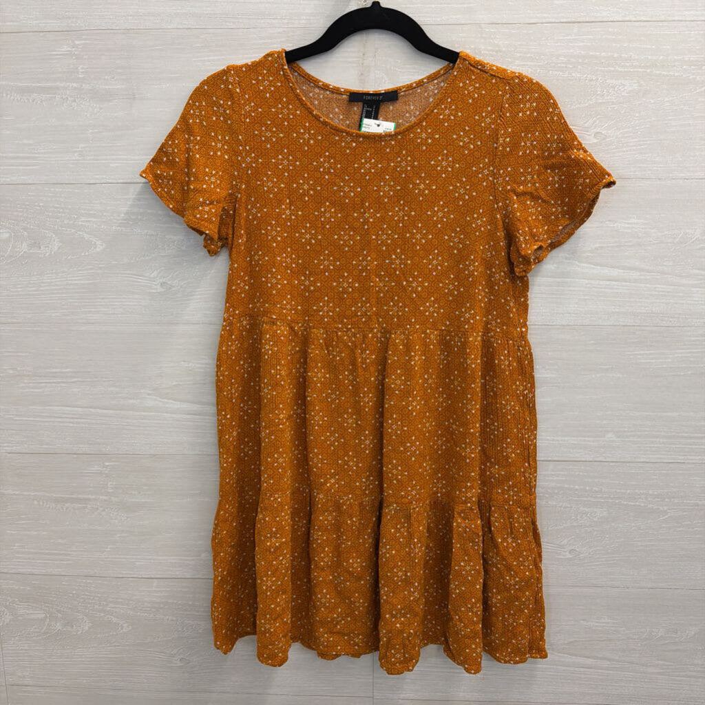 Brown/ White Print Short Sleeve Dress Small