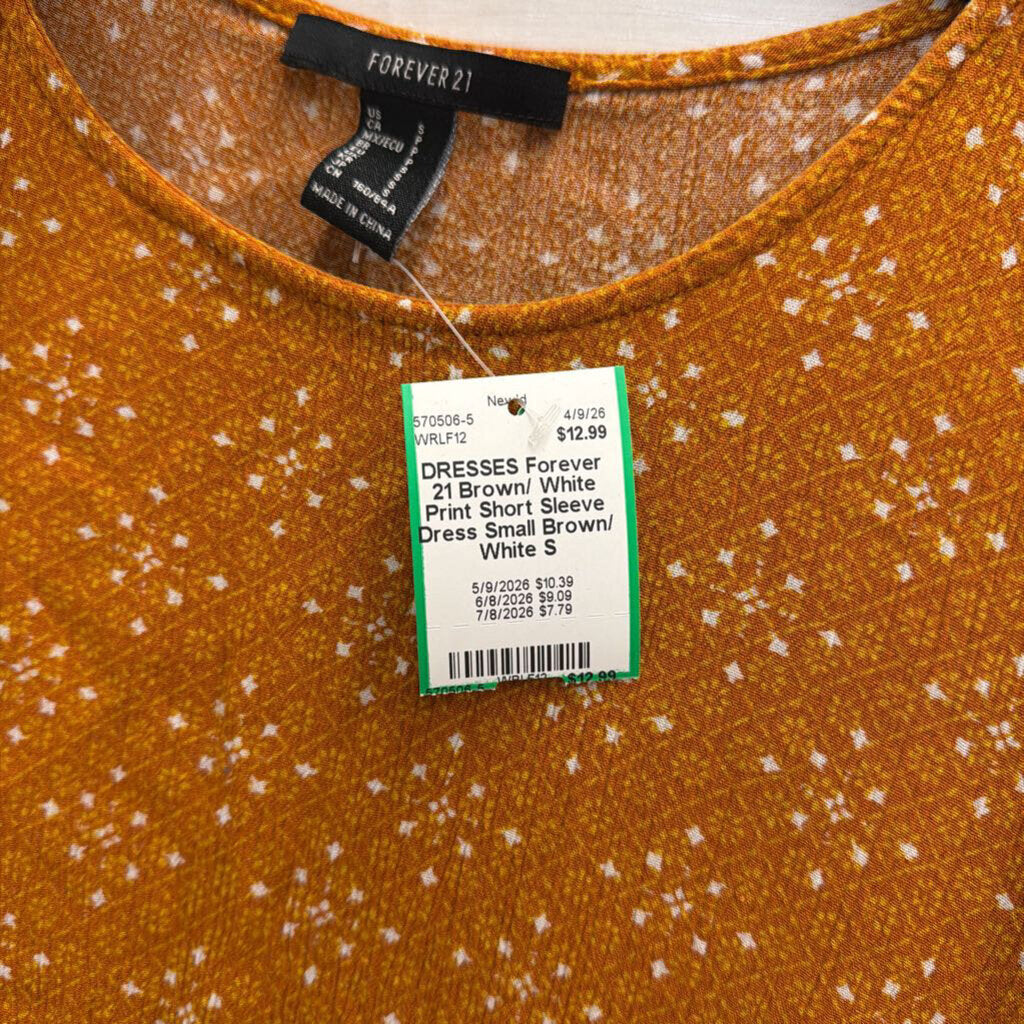 Brown/ White Print Short Sleeve Dress Small