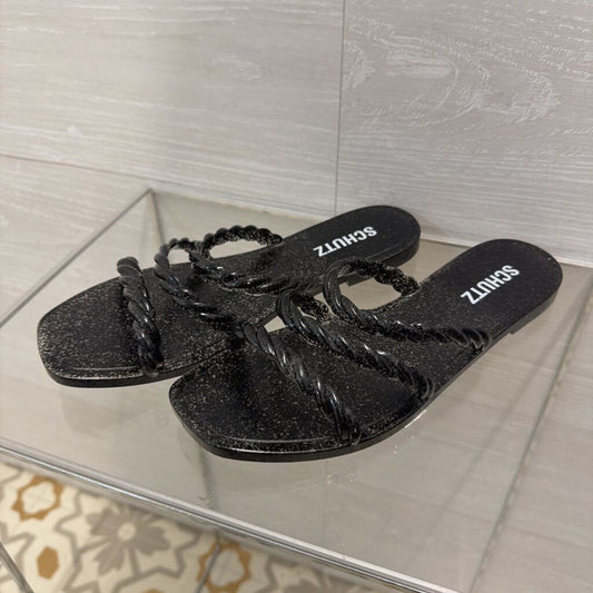 Schutz Black Glitter Diana Slide Sandals 8