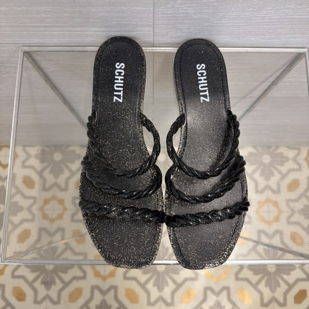 Schutz Black Glitter Diana Slide Sandals 8