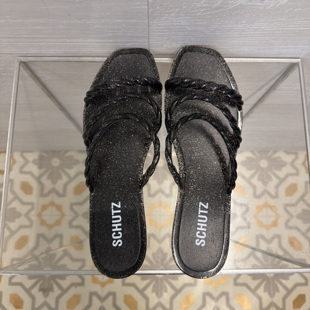 Schutz Black Glitter Diana Slide Sandals 8