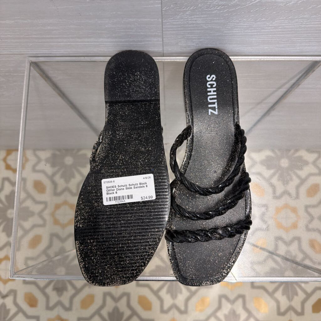 Schutz Black Glitter Diana Slide Sandals 8