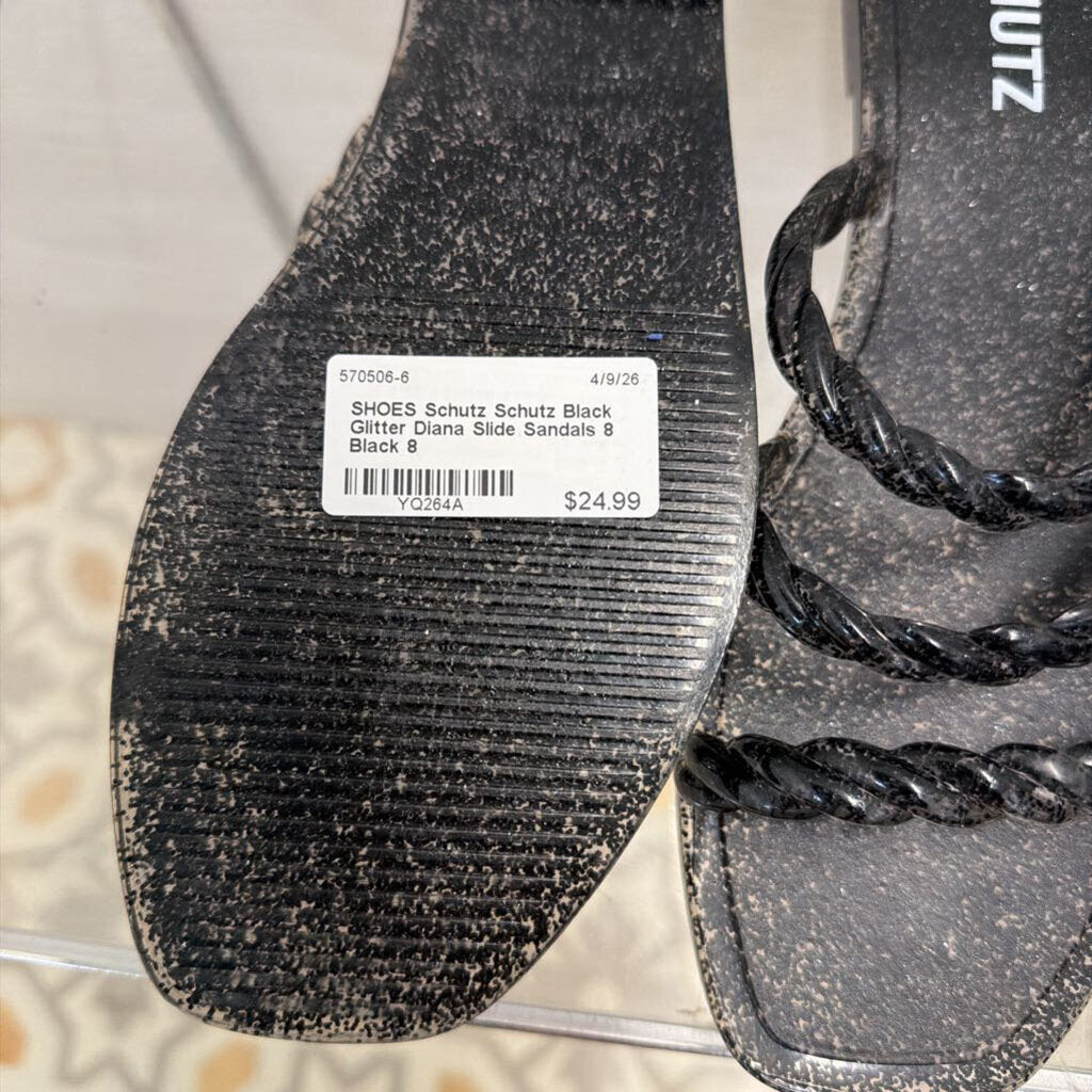 Schutz Black Glitter Diana Slide Sandals 8