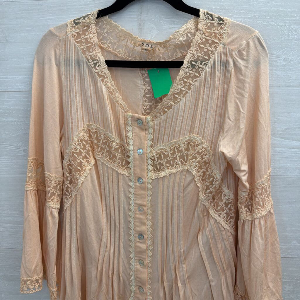 POL Blush Pink Lace Long Sleeve Button Front Top Small