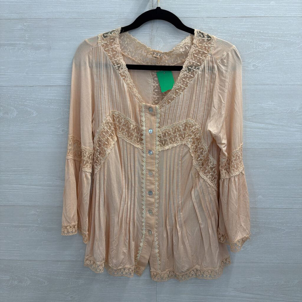 POL Blush Pink Lace Long Sleeve Button Front Top Small