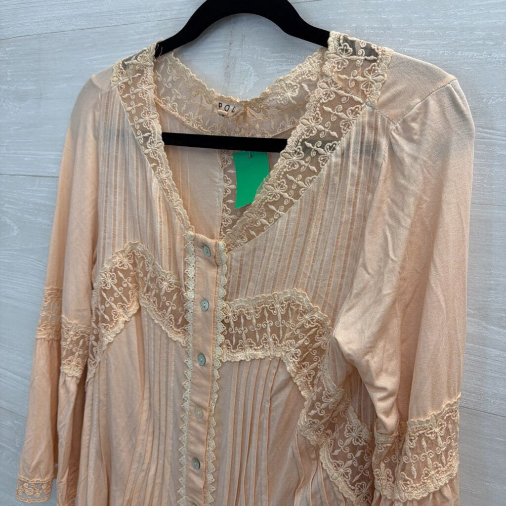 POL Blush Pink Lace Long Sleeve Button Front Top Small