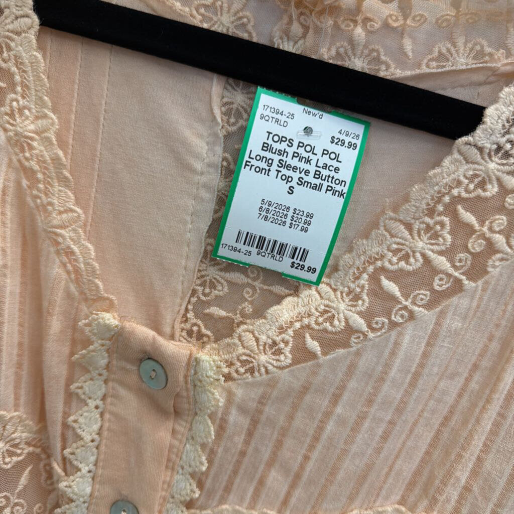 POL Blush Pink Lace Long Sleeve Button Front Top Small