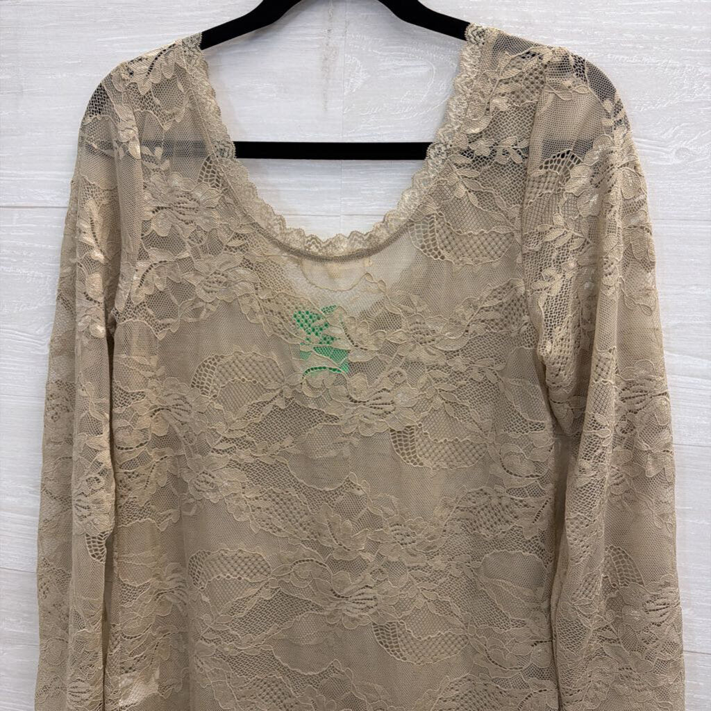A Rare Bird Brown Sheer Lace Long Sleeve Top Small
