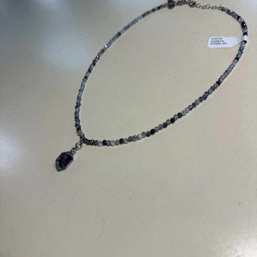 Anne Vaughan Silver/ Grey Beaded Stone Pendant Necklace