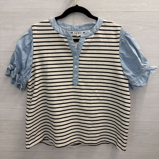 THML White/ Black Striped Chambray Short Puff Sleeve Top Large