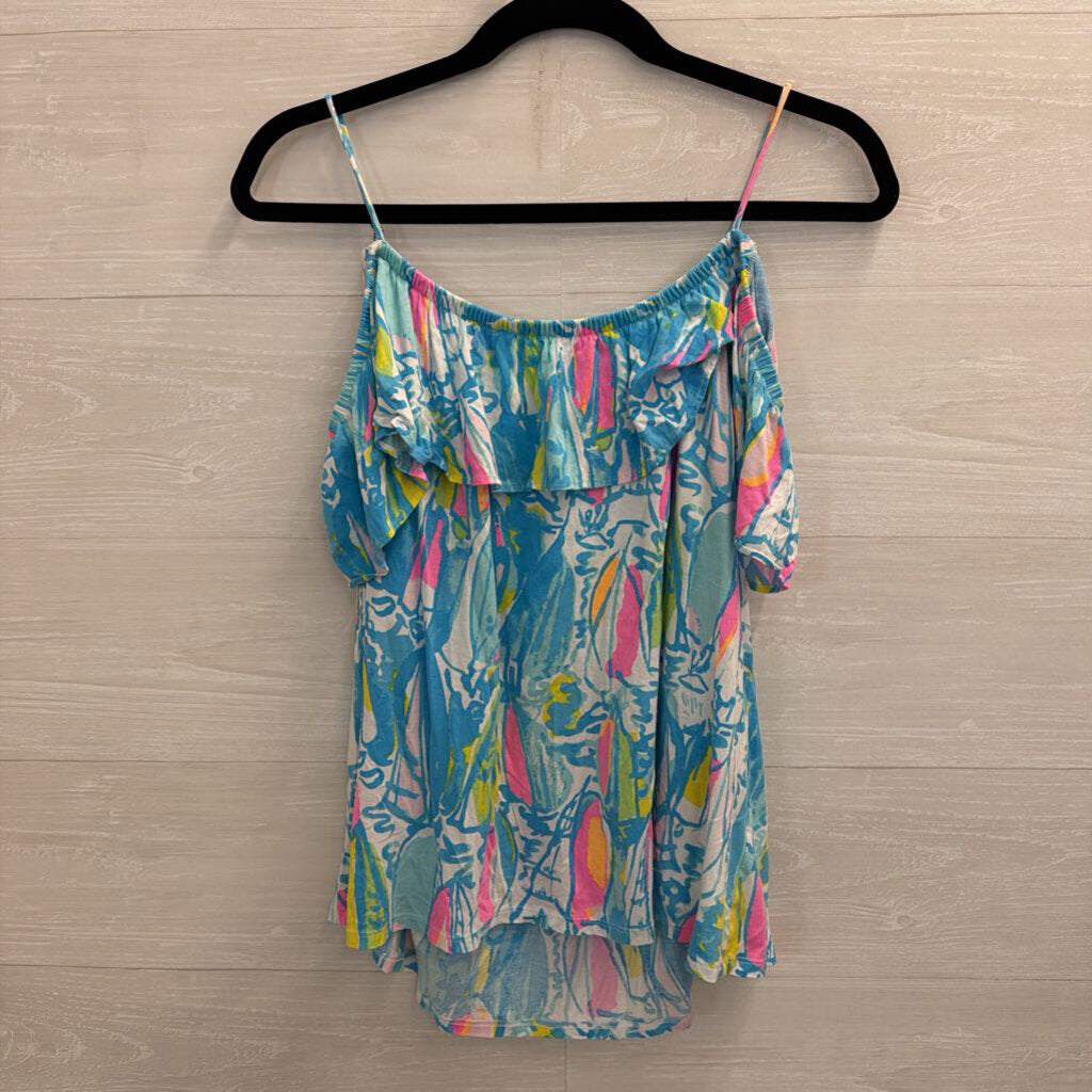 Lilly Pulitzer Blue/ Multi Print Off Shoulder Top Large
