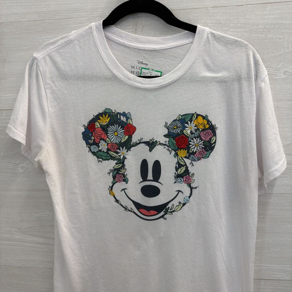 Disney White/ Multi Embroidered Floral Mickey Short Sleeve Graphic Tee Large