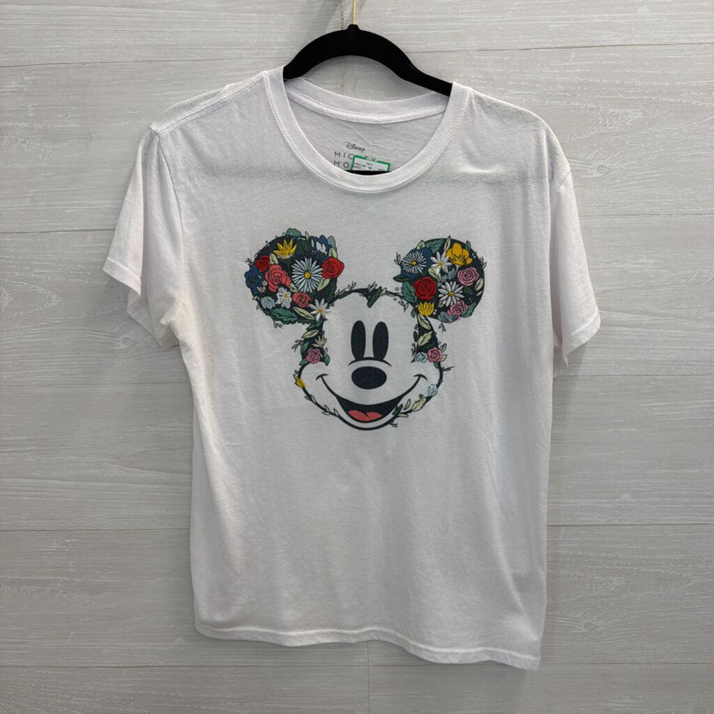 Disney White/ Multi Embroidered Floral Mickey Short Sleeve Graphic Tee Large