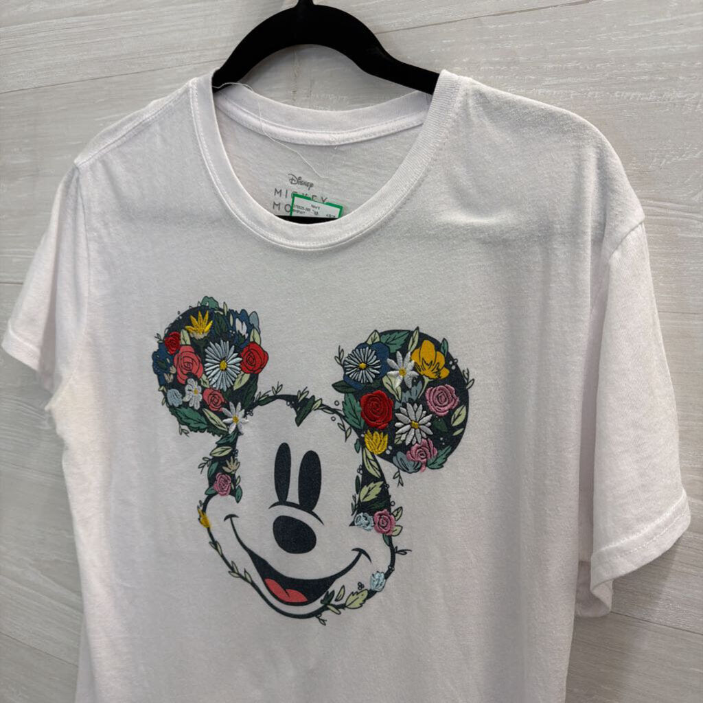 Disney White/ Multi Embroidered Floral Mickey Short Sleeve Graphic Tee Large