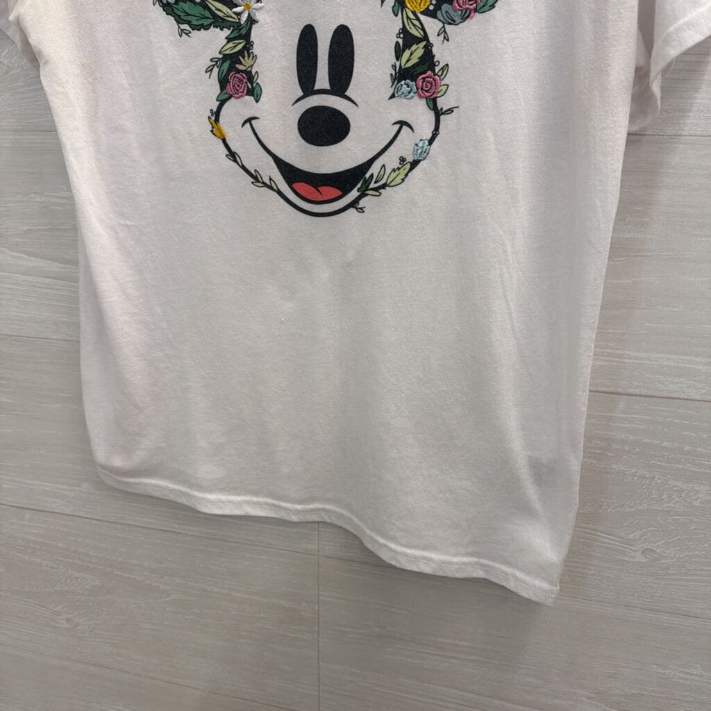 Disney White/ Multi Embroidered Floral Mickey Short Sleeve Graphic Tee Large