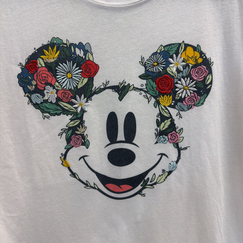 Disney White/ Multi Embroidered Floral Mickey Short Sleeve Graphic Tee Large