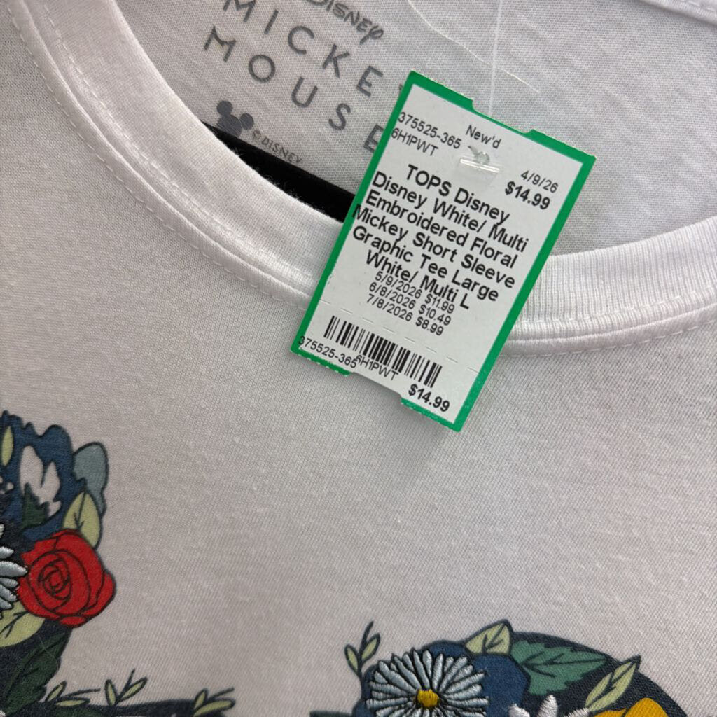 Disney White/ Multi Embroidered Floral Mickey Short Sleeve Graphic Tee Large