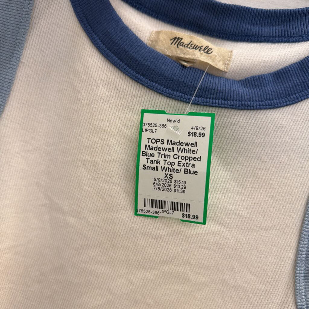 Madewell White/ Blue Trim Cropped Tank Top Extra Small