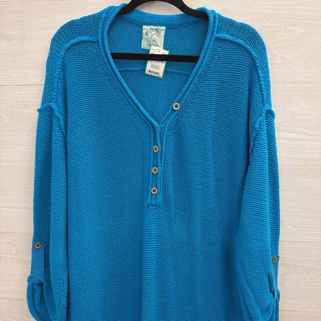 We The Free Bright Blue Knit Henley Sweater Large