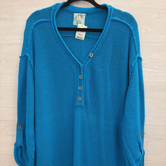 We The Free Bright Blue Knit Henley Sweater Large
