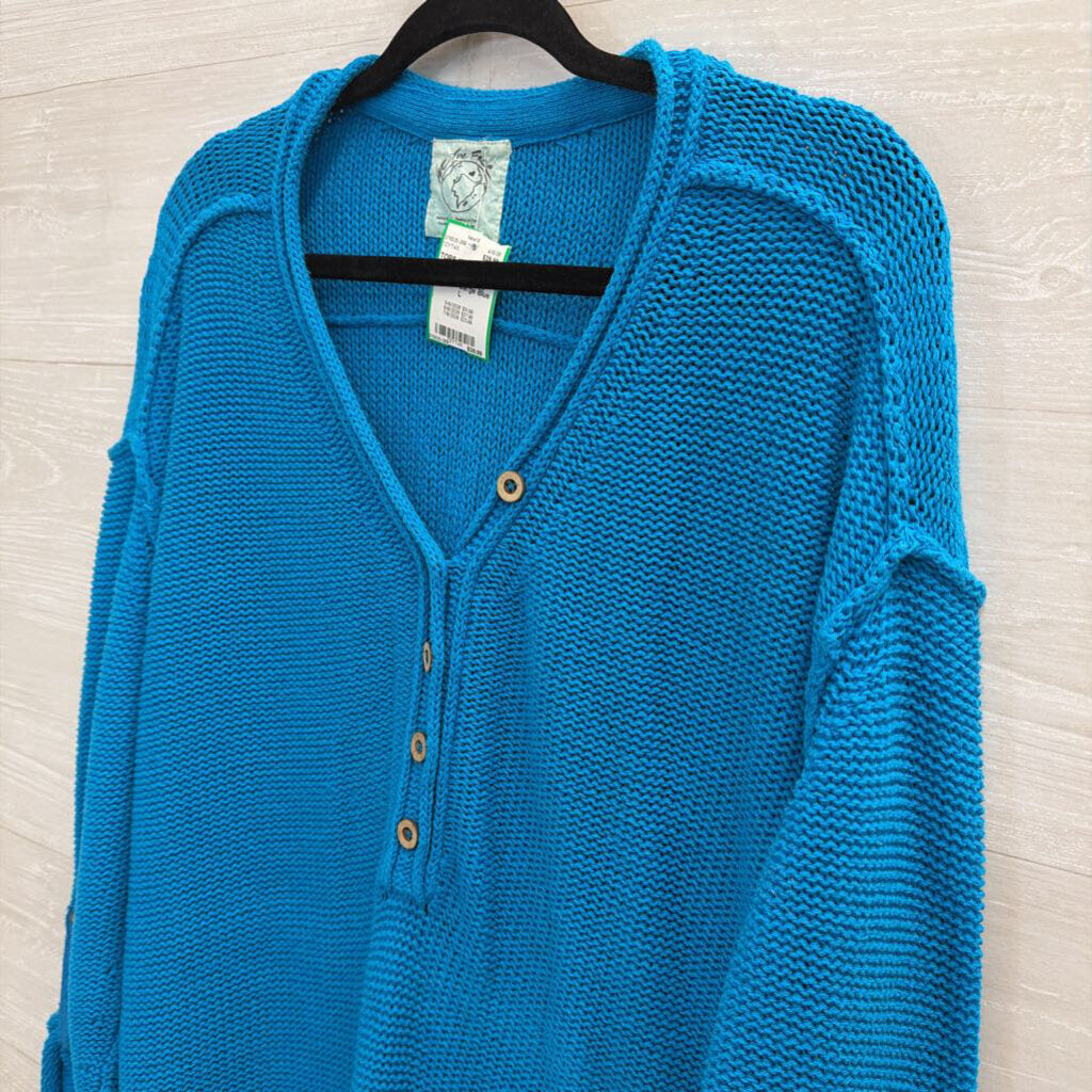 We The Free Bright Blue Knit Henley Sweater Large