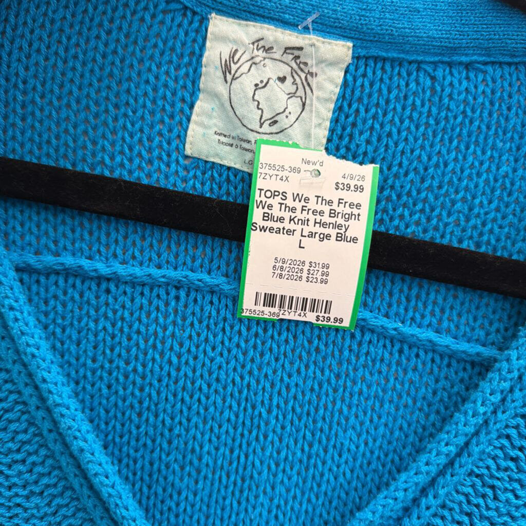 We The Free Bright Blue Knit Henley Sweater Large