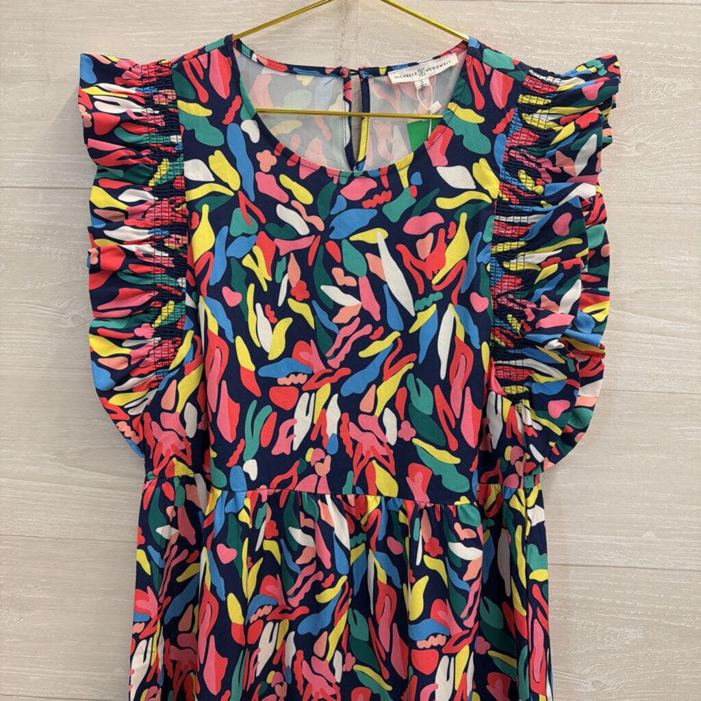 Michelle McDowell Navy/ Multi Print Ruffle Sleeve Dress Small