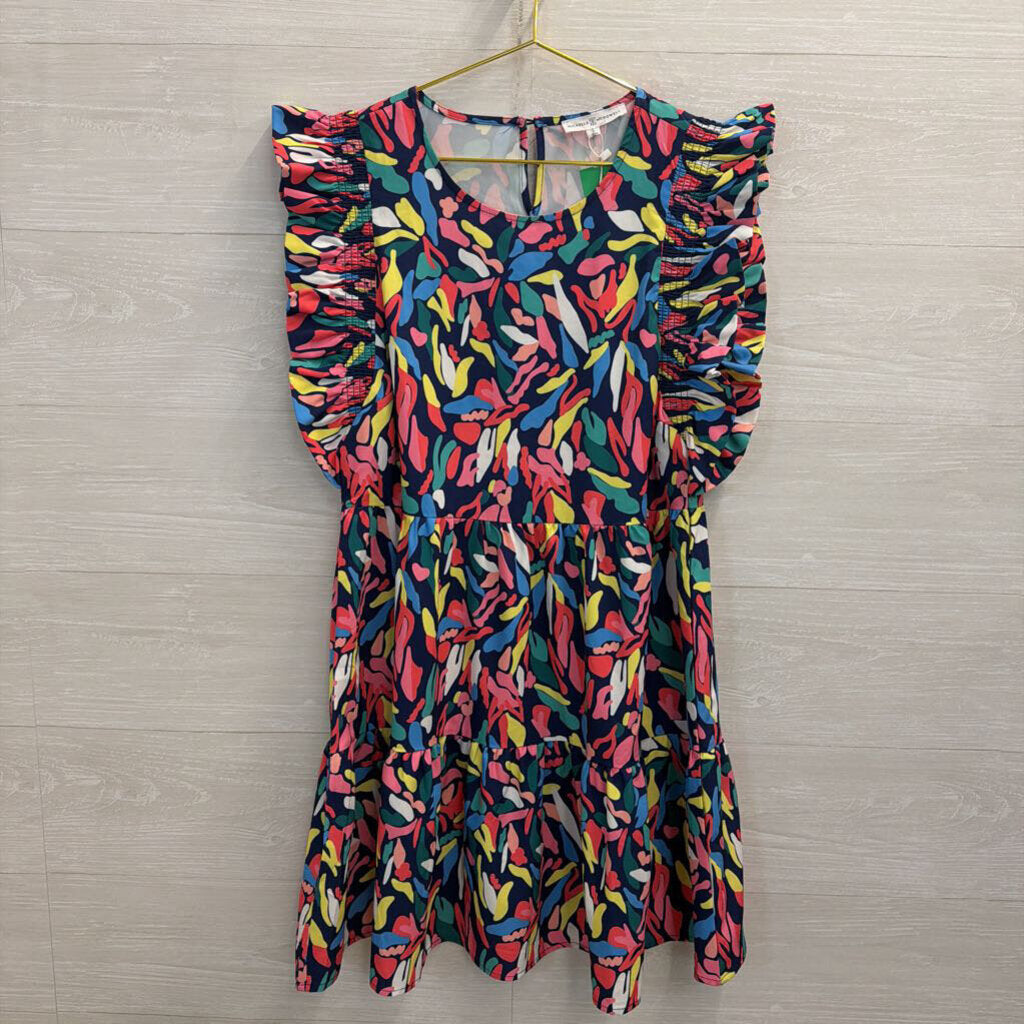 Michelle McDowell Navy/ Multi Print Ruffle Sleeve Dress Small