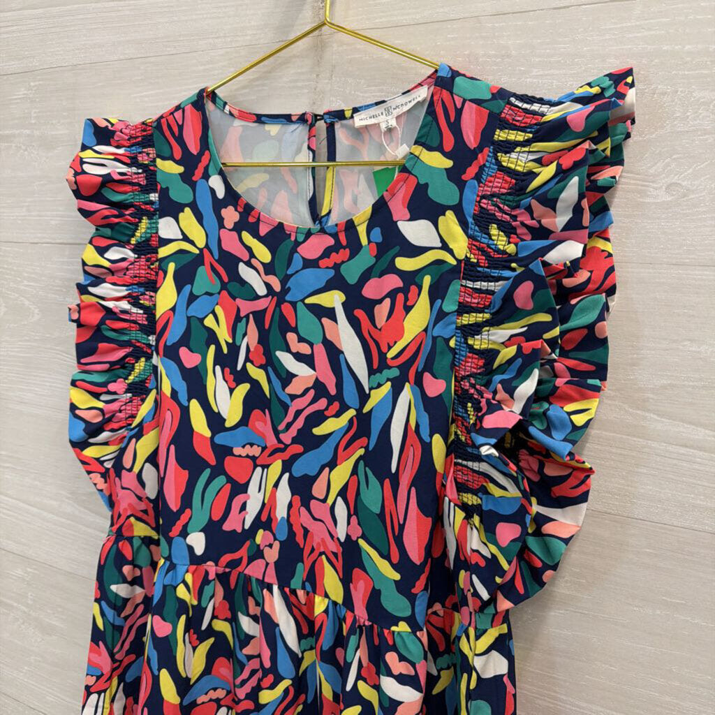 Michelle McDowell Navy/ Multi Print Ruffle Sleeve Dress Small