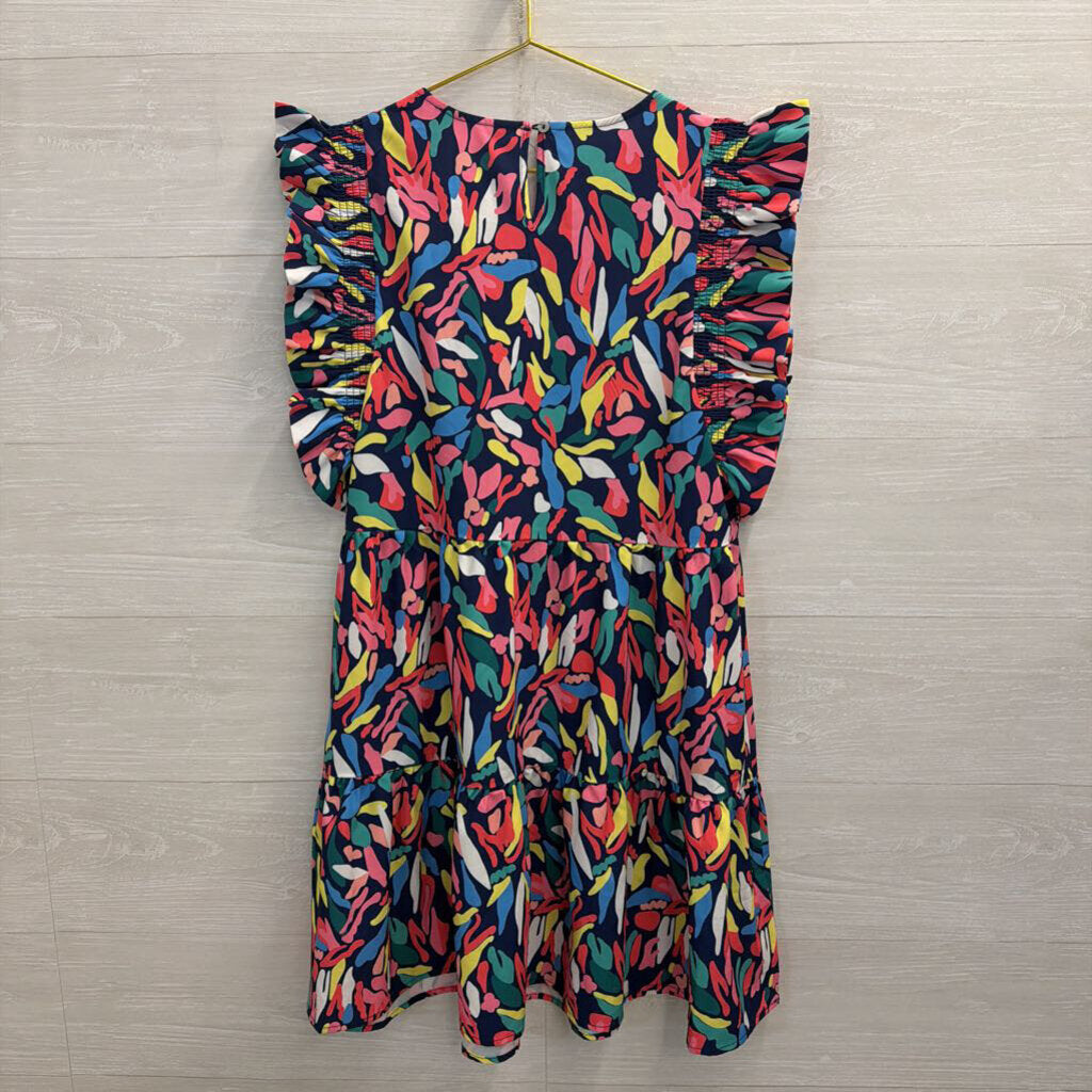 Michelle McDowell Navy/ Multi Print Ruffle Sleeve Dress Small